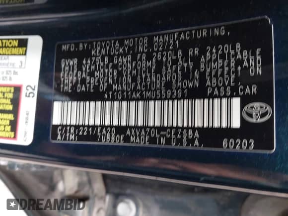 2021 Toyota Camry SE Nightshade z VIN 4T1G11AK1MU559391, wystawiony jako IAAI lot #43300222 z przebiegiem 68 327 mil mil oraz . Historia ofert i sprzedaży dostępna na DreamBid. Obrazek 9.