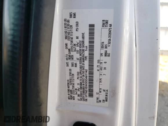 2013 Ford Econoline Cargo Commercial with VIN 1FTNE1EW3DDA61142, listed as a Copart auction lot 59190205 with 197,866 mi miles and Salvage title. Bid and sale history available at DreamBid. Image 13.