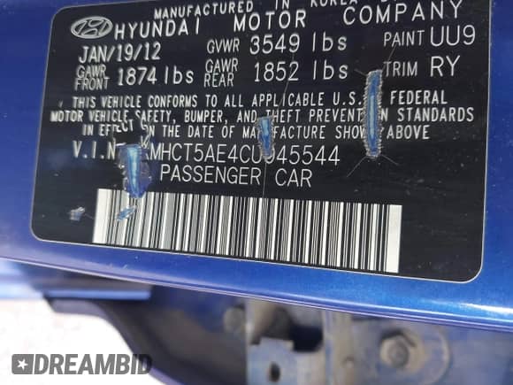 2012 Hyundai Accent GS z VIN KMHCT5AE4CU045544, wystawiony jako IAAI lot #42795330 z przebiegiem 139 438 mil mil oraz . Historia ofert i sprzedaży dostępna na DreamBid. Obrazek 9.