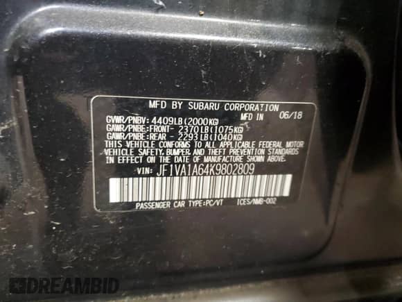 2019 Subaru WRX с VIN JF1VA1A64K9802809, выставлен на аукционе Copart как лот 66085125 с пробегом Не указан миль и Списание • Salvage title. История ставок и продаж доступна на DreamBid. Изображение 13.