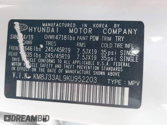 2019 Hyundai Tucson Sport z VIN KM8J33AL9KU952203, wystawiony jako IAAI lot #41367112 z przebiegiem 89 186 mil mil oraz . Historia ofert i sprzedaży dostępna na DreamBid. Obrazek 9.