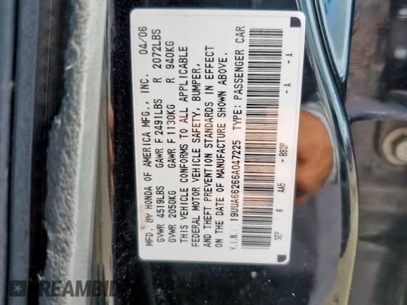 2006 Acura TL with VIN 19UUA66266A047225, listed as a Copart auction lot 86275095 with Not provided miles and Salvage title. Bid and sale history available at DreamBid. Image 12.