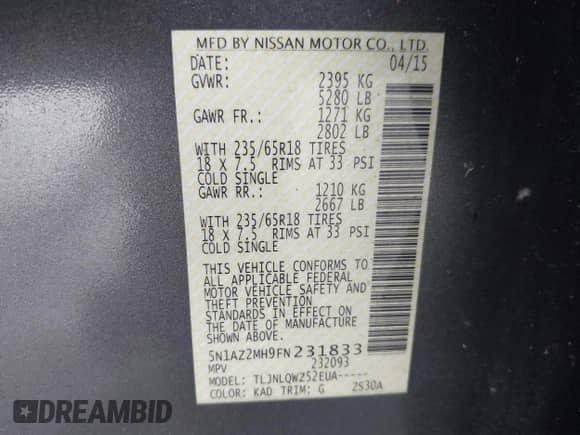 2015 Nissan Murano SL with VIN 5N1AZ2MH9FN231833, listed as a IAAI auction lot 43128454 with 33,165 mi miles and . Bid and sale history available at DreamBid. Image 9.