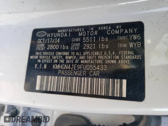 2015 Hyundai Genesis 3.8L z VIN KMHGN4JE9FU055433, wystawiony jako Copart lot #72036204 z przebiegiem 110 213 mil mil oraz Szkoda całkowita • Salvage title. Historia ofert i sprzedaży dostępna na DreamBid. Obrazek 14.