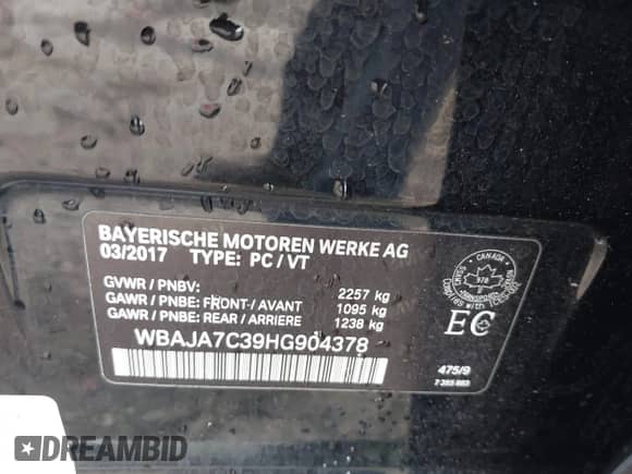 2017 BMW 5 Series 530i xDrive with VIN WBAJA7C39HG904378, listed as a IAAI auction lot 42446351 with 56,363 mi miles and . Bid and sale history available at DreamBid. Image 9.