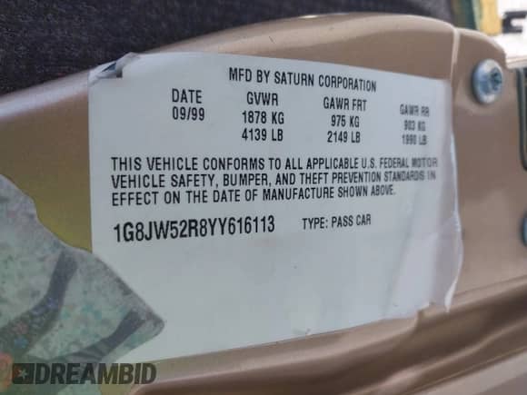 2000 Saturn LS с VIN 1G8JW52R8YY616113, выставлен на аукционе IAAI как лот 42586504 с пробегом 160 079 миль миль и . История ставок и продаж доступна на DreamBid. Изображение 9.