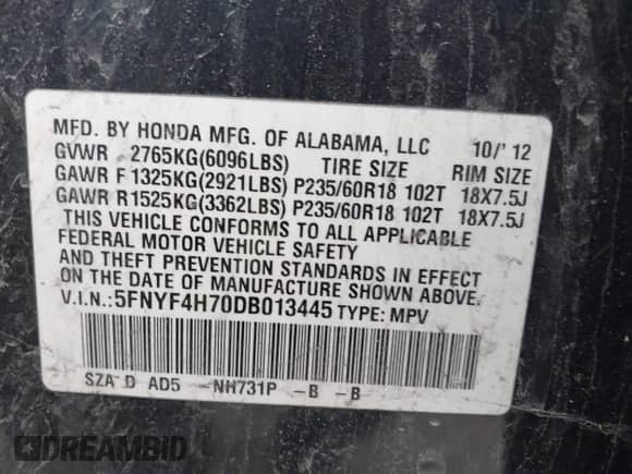 2013 Honda Pilot EX-L with VIN 5FNYF4H70DB013445, listed as a IAAI auction lot 41510836 with 292,896 mi miles and . Bid and sale history available at DreamBid. Image 9.