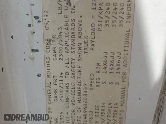 1992 Chevrolet S-10 с VIN 1GCCS14R9N8203337, выставлен на аукционе Copart как лот 64787425 с пробегом 214 853 миль миль и Списание • Salvage title. История ставок и продаж доступна на DreamBid. Изображение 12.