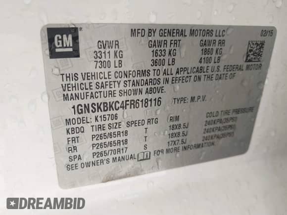 2015 Chevrolet Tahoe LT with VIN 1GNSKBKC4FR618116, listed as a IAAI auction lot 43056971 with 225,356 mi miles and . Bid and sale history available at DreamBid. Image 9.