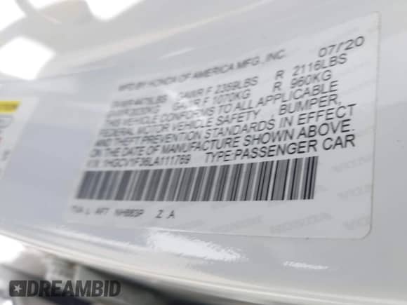 2020 Honda Accord Sport с VIN 1HGCV1F36LA111769, выставлен на аукционе IAAI как лот 42824497 с пробегом 57 200 миль миль и . История ставок и продаж доступна на DreamBid. Изображение 9.