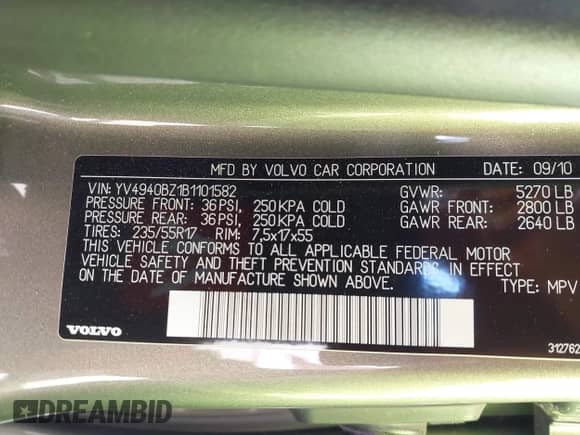 2011 Volvo XC70 3.2L с VIN YV4940BZ1B1101582, выставлен на аукционе IAAI как лот 43183011 с пробегом 45 684 миль миль и . История ставок и продаж доступна на DreamBid. Изображение 9.