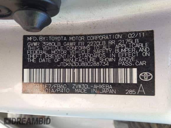 2011 Toyota Prius I z VIN JTDKN3DU8B0288734, wystawiony jako IAAI lot #43383050 z przebiegiem 257 623 mil mil oraz . Historia ofert i sprzedaży dostępna na DreamBid. Obrazek 9.