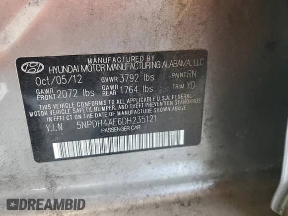 2013 Hyundai Elantra Limited с VIN 5NPDH4AE6DH235121, выставлен на аукционе Copart как лот 81562875 с пробегом Не указан миль и Списание • Salvage title. История ставок и продаж доступна на DreamBid. Изображение 12.
