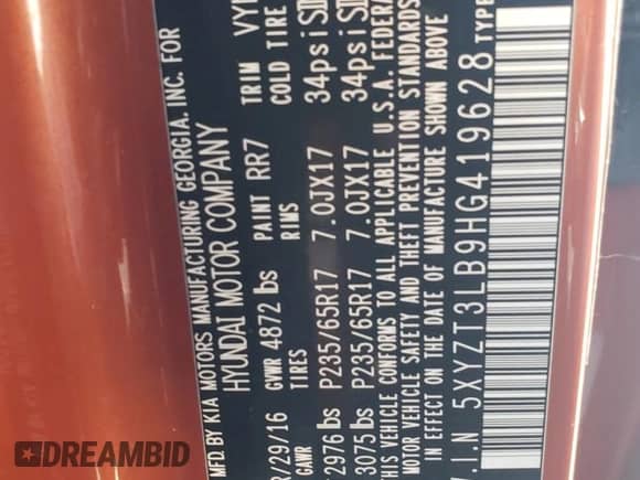 2017 Hyundai Santa Fe 2.4L with VIN 5XYZT3LB9HG419628, listed as a Copart auction lot 71056845 with 148,797 mi miles and Salvage title. Bid and sale history available at DreamBid. Image 12.