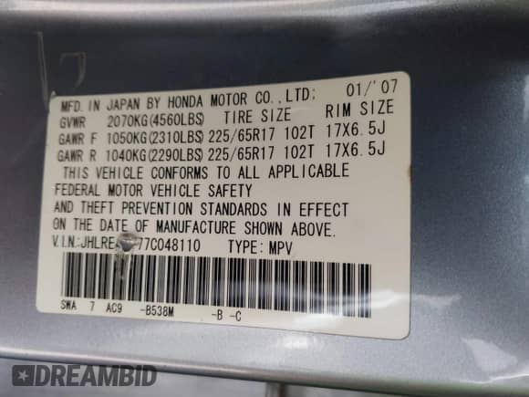 2007 Honda CR-V EX-L с VIN JHLRE48777C048110, выставлен на аукционе IAAI как лот 43123226 с пробегом 185 256 миль миль и . История ставок и продаж доступна на DreamBid. Изображение 9.