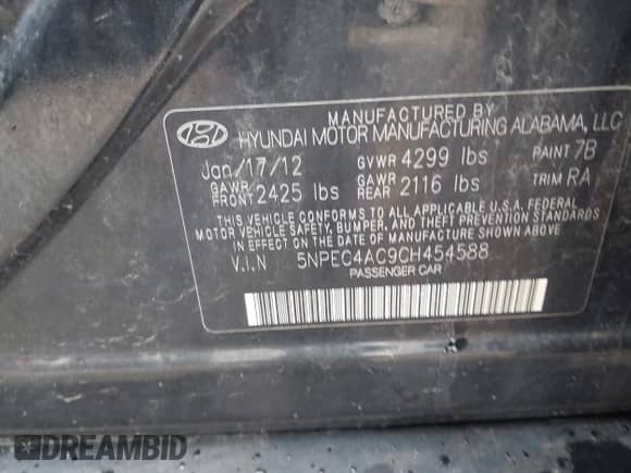 2012 Hyundai Sonata Limited with VIN 5NPEC4AC9CH454588, listed as a IAAI auction lot 42728640 with 188,231 mi miles and . Bid and sale history available at DreamBid. Image 9.