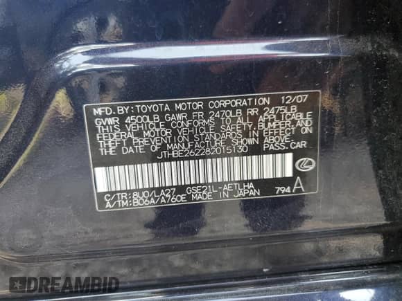 2008 Lexus IS 350 с VIN JTHBE262282015130, выставлен на аукционе Copart как лот 69265175 с пробегом 190 826 миль миль и На запчасти • Non repairable. История ставок и продаж доступна на DreamBid. Изображение 12.