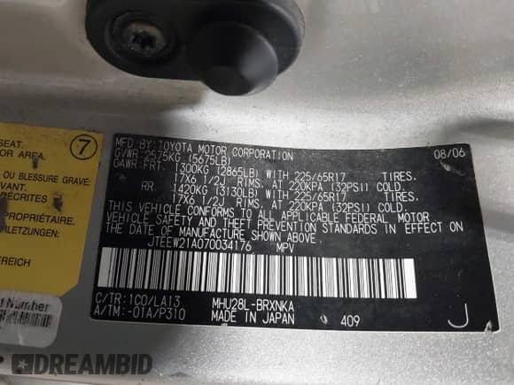 2007 Toyota Highlander w/3rd Row z VIN JTEEW21A070034176, wystawiony jako IAAI lot #43500817 z przebiegiem 216 353 mil mil oraz . Historia ofert i sprzedaży dostępna na DreamBid. Obrazek 9.