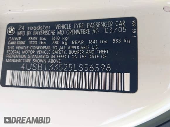 2005 BMW Z4 2.5i with VIN 4USBT33525LS56598, listed as a IAAI auction lot 42620829 with 111,999 mi miles and . Bid and sale history available at DreamBid. Image 9.