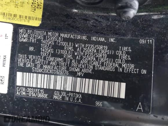2012 Toyota Sienna SE with VIN 5TDXK3DCXCS179776, listed as a IAAI auction lot 42586784 with 165,919 mi miles and . Bid and sale history available at DreamBid. Image 9.