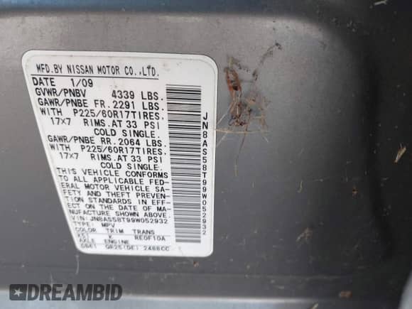 2009 Nissan Rogue S with VIN JN8AS58T99W052932, listed as a IAAI auction lot 42584424 with 175,938 mi miles and . Bid and sale history available at DreamBid. Image 9.