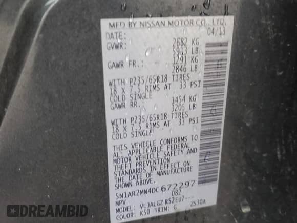 2013 Nissan Pathfinder SL с VIN 5N1AR2MN4DC672297, выставлен на аукционе Copart как лот 81742885 с пробегом 133 147 миль миль и Чистый • Clean title. История ставок и продаж доступна на DreamBid. Изображение 13.