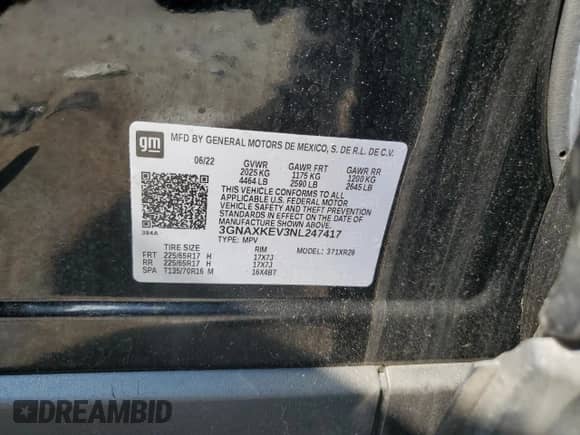 2022 Chevrolet Equinox LT с VIN 3GNAXKEV3NL247417, выставлен на аукционе Copart как лот 66986225 с пробегом 36 994 миль миль и Списание • Salvage title. История ставок и продаж доступна на DreamBid. Изображение 14.