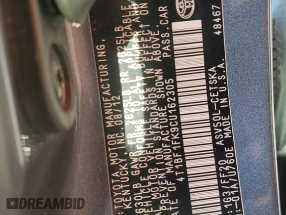 2012 Toyota Camry SE z VIN 4T1BF1FK9CU162305, wystawiony jako Copart lot #81708805 z przebiegiem 178 591 mil mil oraz Szkoda całkowita • Salvage title. Historia ofert i sprzedaży dostępna na DreamBid. Obrazek 13.