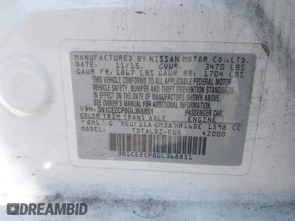 2016 Nissan Note SV z VIN 3N1CE2CP8GL368851, wystawiony jako IAAI lot #42110761 z przebiegiem 119 810 mil mil oraz . Historia ofert i sprzedaży dostępna na DreamBid. Obrazek 9.