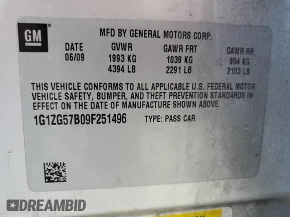 2009 Chevrolet Malibu 1FL with VIN 1G1ZG57B09F251496, listed as a Copart auction lot 84245955 with 94,011 mi miles and Salvage title. Bid and sale history available at DreamBid. Image 12.
