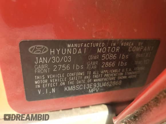 2003 Hyundai Santa Fe GLS z VIN KM8SC13E93U462868, wystawiony jako Copart lot #59772985 z przebiegiem 197 617 mil mil oraz Czysty tytuł • Clean title. Historia ofert i sprzedaży dostępna na DreamBid. Obrazek 13.