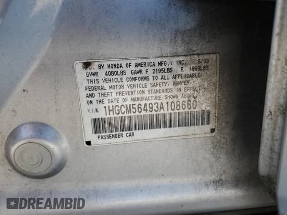 2003 Honda Accord LX с VIN 1HGCM56493A108660, выставлен на аукционе Copart как лот 61991115 с пробегом 233 331 миль миль и Списание • Salvage title. История ставок и продаж доступна на DreamBid. Изображение 12.