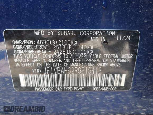 2024 Subaru WRX Premium with VIN JF1VBAH62R9819413, listed as a IAAI auction lot 42869966 with 5,479 mi miles and . Bid and sale history available at DreamBid. Image 9.