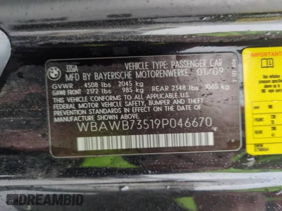 2009 BMW 3 Series 335i с VIN WBAWB73519P046670, выставлен на аукционе Copart как лот 59224195 с пробегом 117 595 миль миль и Списание • Salvage title. История ставок и продаж доступна на DreamBid. Изображение 12.