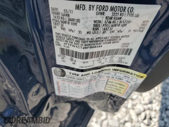 2011 Ford F-150 Lariat с VIN 1FTFW1CT2BFB69344, выставлен на аукционе Copart как лот 81311825 с пробегом 336 303 миль миль и Списание • Salvage title. История ставок и продаж доступна на DreamBid. Изображение 13.