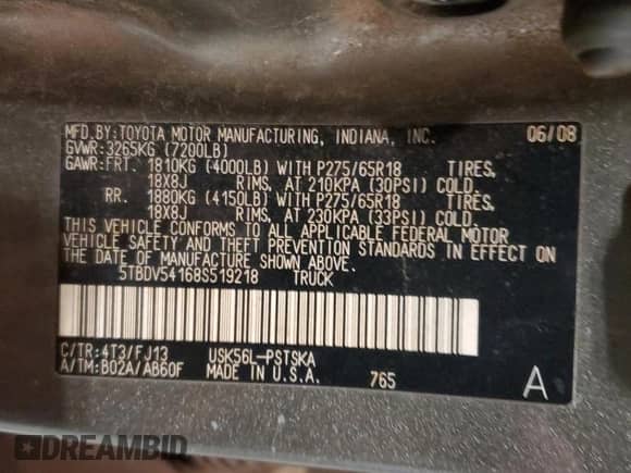 2008 Toyota Tundra z VIN 5TBDV54168S519218, wystawiony jako Copart lot #69140345 z przebiegiem 339 097 mil mil oraz Szkoda całkowita • Salvage title. Historia ofert i sprzedaży dostępna na DreamBid. Obrazek 13.