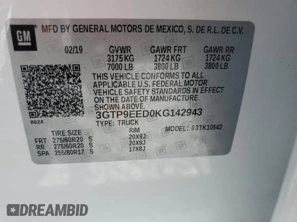 2019 GMC Sierra 1500 AT4 with VIN 3GTP9EED0KG142943, listed as a Copart auction lot 67406785 with 63,232 mi miles and Non repairable. Bid and sale history available at DreamBid. Image 13.