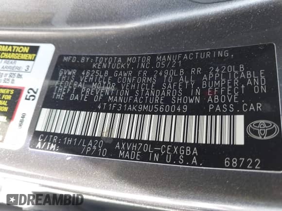 2021 Toyota Camry Hybrid XLE with VIN 4T1F31AK9MU560049, listed as a IAAI auction lot 42211169 with 182,185 mi miles and . Bid and sale history available at DreamBid. Image 9.