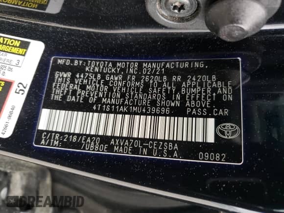 2021 Toyota Camry SE z VIN 4T1S11AK1MU439696, wystawiony jako Copart lot #51130945 z przebiegiem 74 525 mil mil oraz Szkoda całkowita • Salvage title. Historia ofert i sprzedaży dostępna na DreamBid. Obrazek 15.