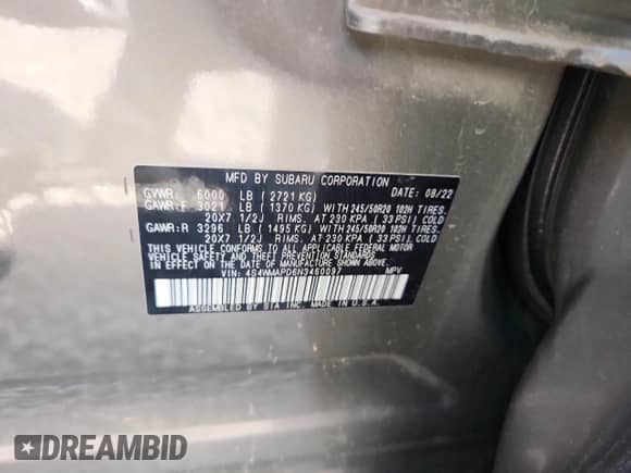 2022 Subaru Ascent Limited с VIN 4S4WMAPD6N3460097, выставлен на аукционе Copart как лот 70814185 с пробегом 55 925 миль миль и Списание • Salvage title. История ставок и продаж доступна на DreamBid. Изображение 13.