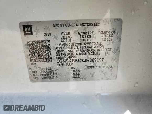 2018 Chevrolet Tahoe LT z VIN 1GNSKBKCXJR369197, wystawiony jako Copart lot #84227515 z przebiegiem 92 184 mil mil oraz Szkoda całkowita • Salvage title. Historia ofert i sprzedaży dostępna na DreamBid. Obrazek 13.