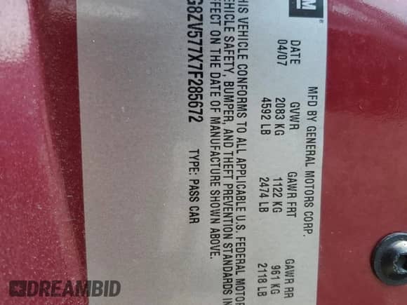 2007 Saturn Aura XR with VIN 1G8ZV577X7F285672, listed as a Copart auction lot 71547785 with Not provided miles and Salvage title. Bid and sale history available at DreamBid. Image 12.