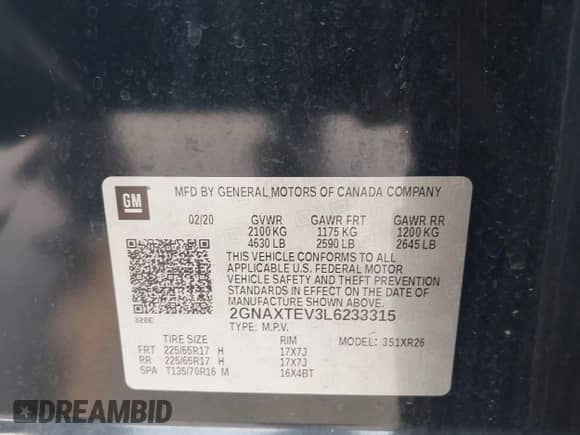 2020 Chevrolet Equinox LT z VIN 2GNAXTEV3L6233315, wystawiony jako IAAI lot #43531686 z przebiegiem 106 456 mil mil oraz . Historia ofert i sprzedaży dostępna na DreamBid. Obrazek 9.