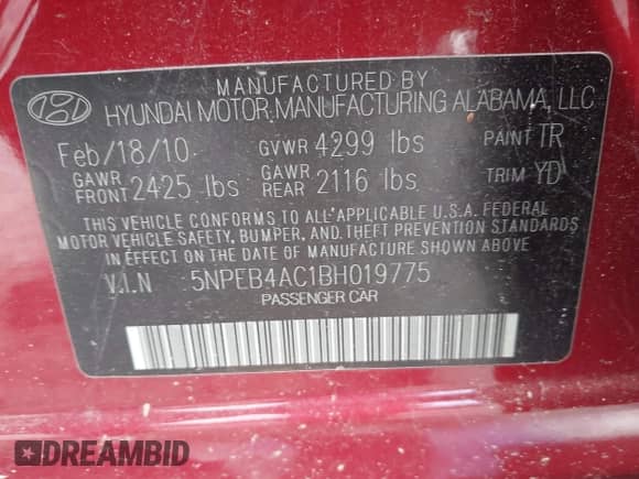 2011 Hyundai Sonata GLS with VIN 5NPEB4AC1BH019775, listed as a IAAI auction lot 43281535 with 150,000 mi miles and . Bid and sale history available at DreamBid. Image 9.