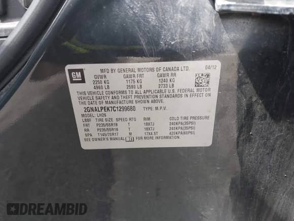 2012 Chevrolet Equinox 2LT z VIN 2GNALPEK7C1299680, wystawiony jako IAAI lot #43134688 z przebiegiem 154 733 mil mil oraz . Historia ofert i sprzedaży dostępna na DreamBid. Obrazek 9.