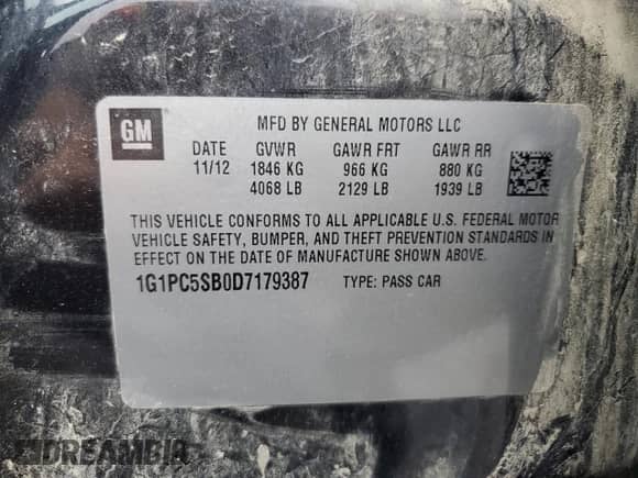 2013 Chevrolet Cruze 1LT с VIN 1G1PC5SB0D7179387, выставлен на аукционе Copart как лот 61099455 с пробегом Не указан миль и Списание • Salvage title. История ставок и продаж доступна на DreamBid. Изображение 12.