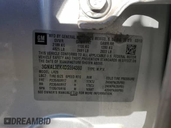 2013 Chevrolet Captiva Sport LT with VIN 3GNAL3EK4DS594380, listed as a Copart auction lot 77171654 with 134,429 mi miles and Salvage title. Bid and sale history available at DreamBid. Image 13.