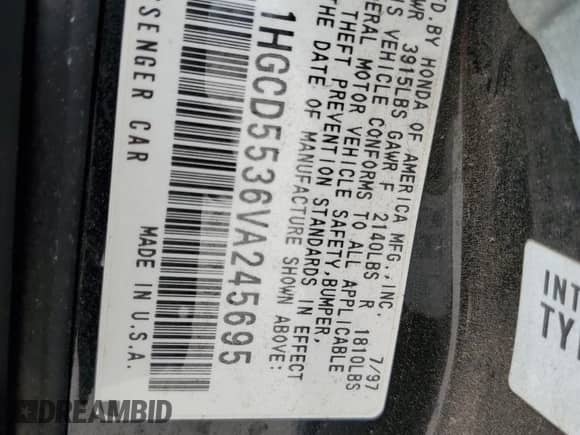 1997 Honda Accord LX с VIN 1HGCD5536VA245695, выставлен на аукционе Copart как лот 78018114 с пробегом 167 750 миль миль и Списание • Salvage title. История ставок и продаж доступна на DreamBid. Изображение 14.