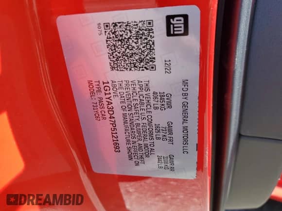 2023 Chevrolet Corvette 1LT с VIN 1G1YA3D47P5121693, выставлен на аукционе Copart как лот 66628074 с пробегом 1 559 миль миль и Списание • Salvage title. История ставок и продаж доступна на DreamBid. Изображение 13.