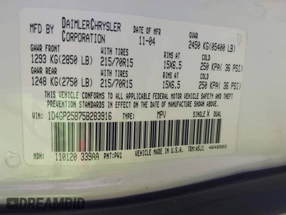2005 Dodge Caravan SE with VIN 1D4GP25B75B283916, listed as a IAAI auction lot 42905345 with 98,903 mi miles and . Bid and sale history available at DreamBid. Image 9.